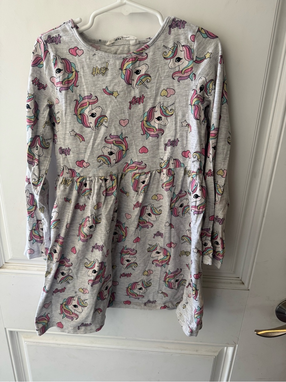H&M Gray Unicorn Print Long Sleeve Dress with Rainbow Accents
